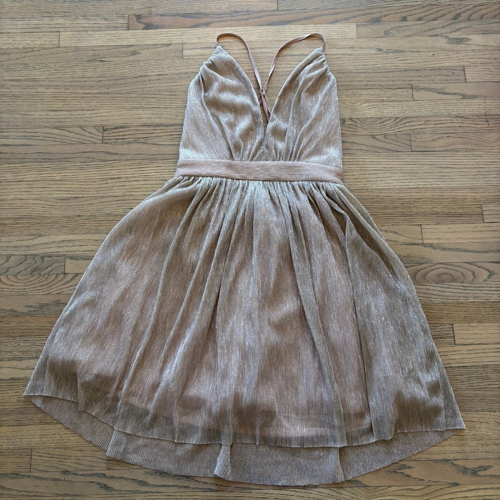 Maniju Rose Gold Metallic Pleated Plunge Neck Strappy Mini Dress Womens Small